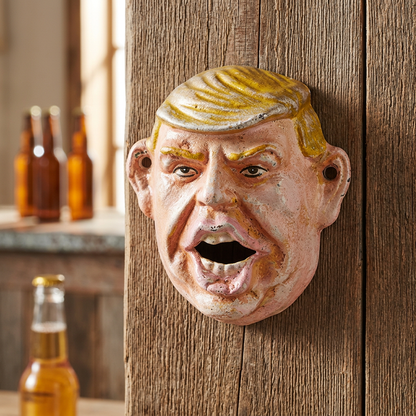 Trump novelty bottle opener in a rustic home bar