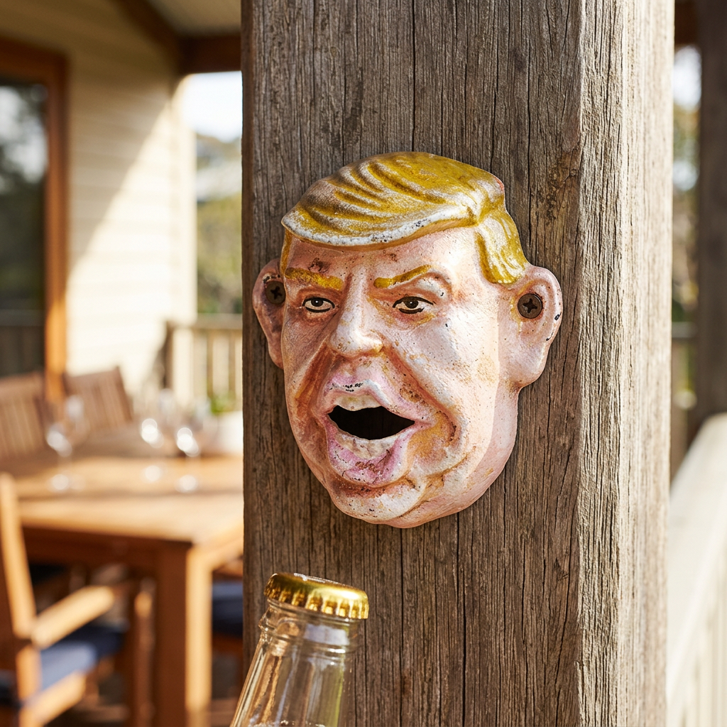 Trump novelty bottle opener on a sheltered verandah