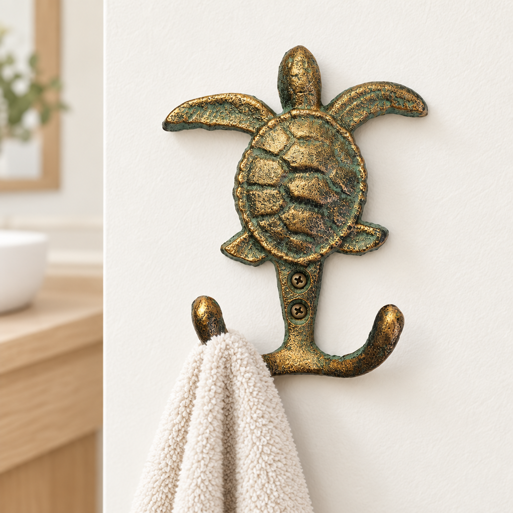 Turtle double hook in a modern coastal bathroom