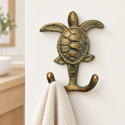 Turtle double hook in a modern coastal bathroom