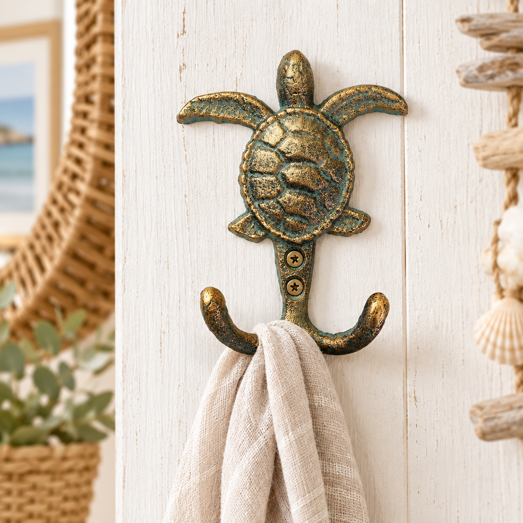 Turtle double hook in a rustic coastal hallway