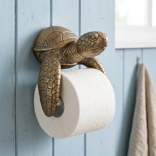 Turtle holder in a blue beach-cottage bathroom