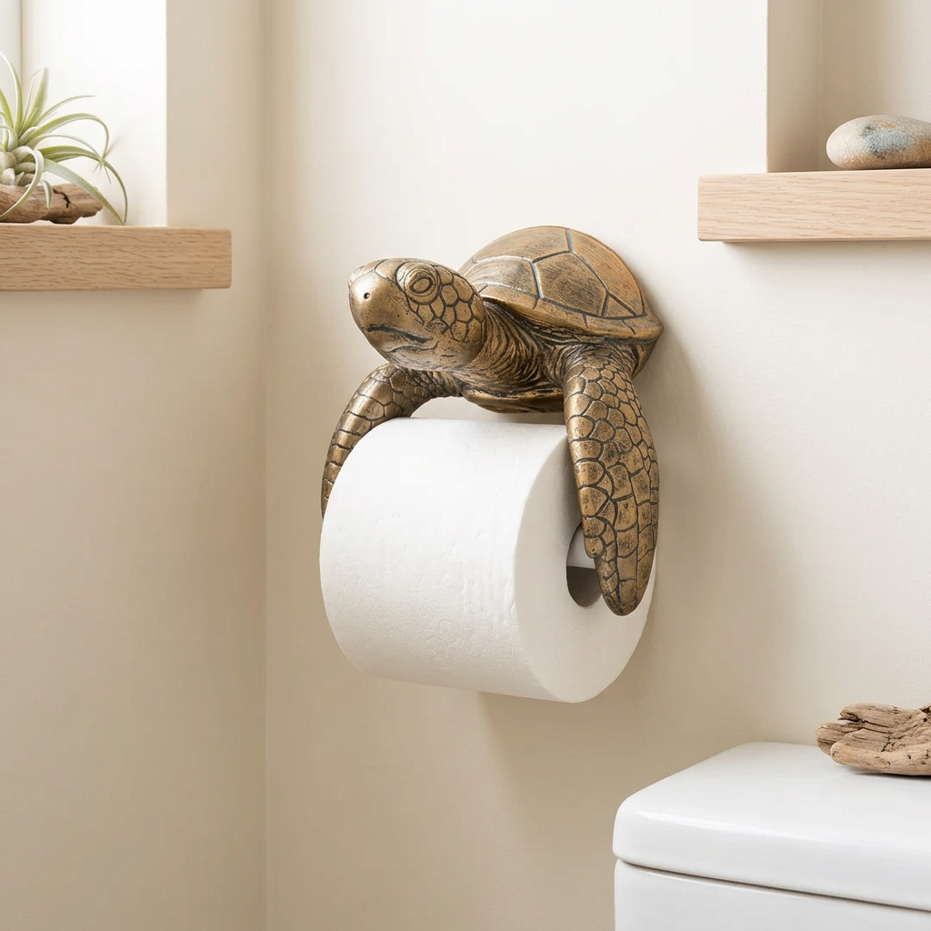 Turtle holder in a neutral coastal bathroom