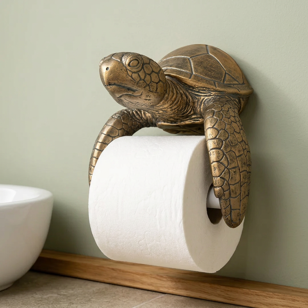 Turtle holder in a sage powder room