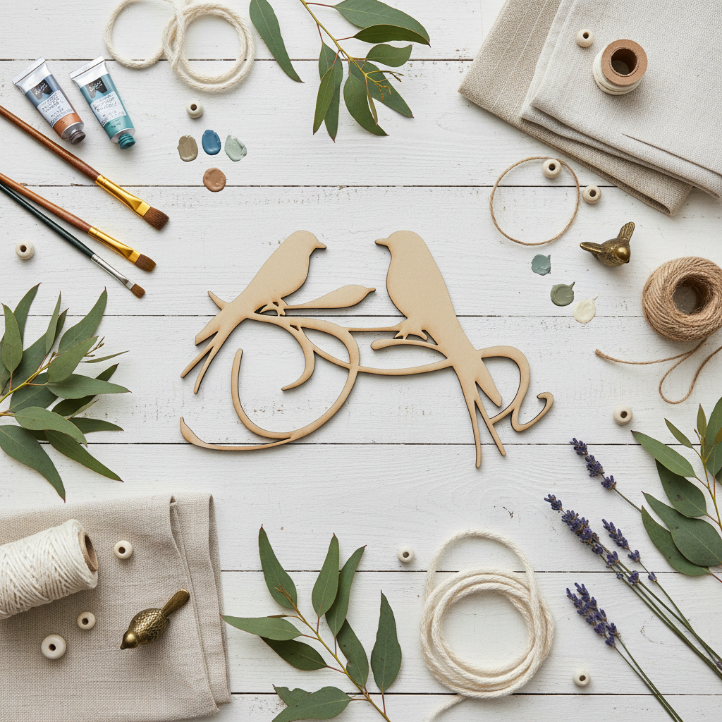 Two Birds Scroll MDF shape on a farmhouse craft table