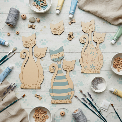 Two Cats MDF shape on a cat-themed craft table
