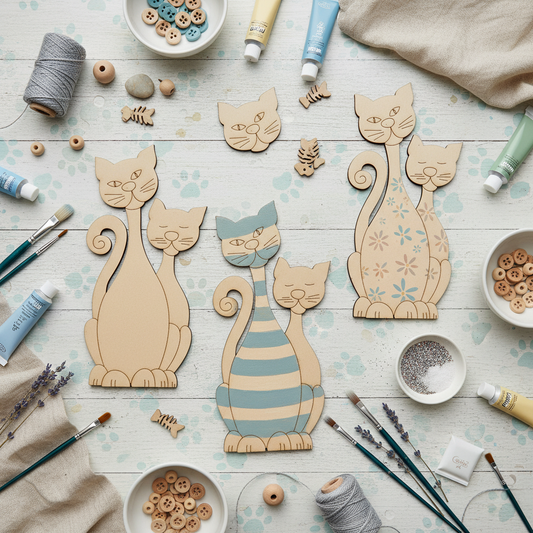 Two Cats MDF shape on a cat-themed craft table