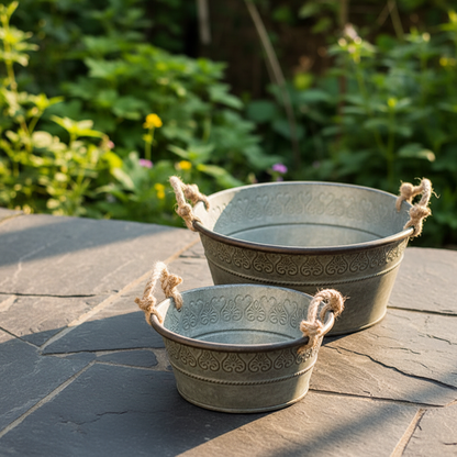 Two planters on slate patio — Vintage Galvanised Planter