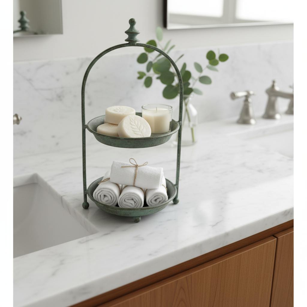 Two-tier stand on a bathroom vanity