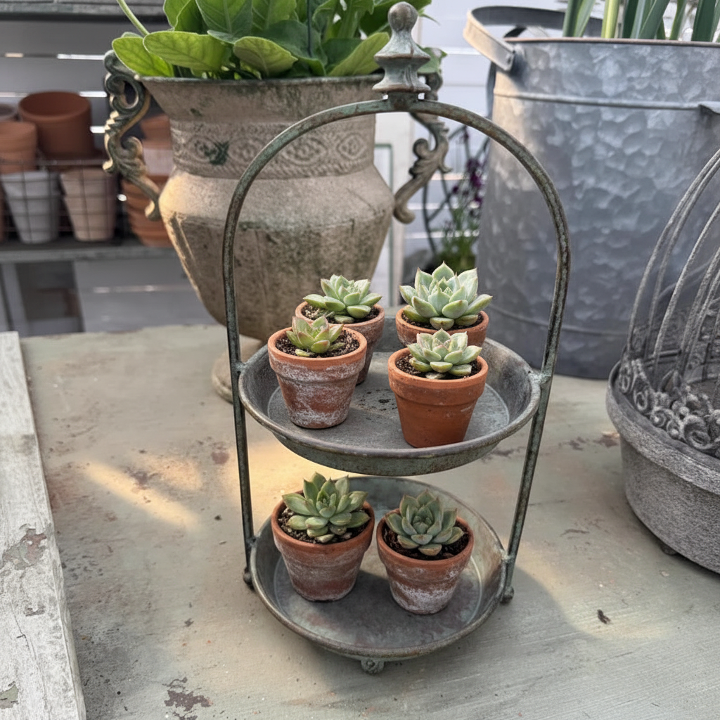 Two-tier stand with succulents on a potting bench