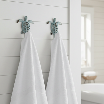 Two Turtle Hooks in Bathroom
