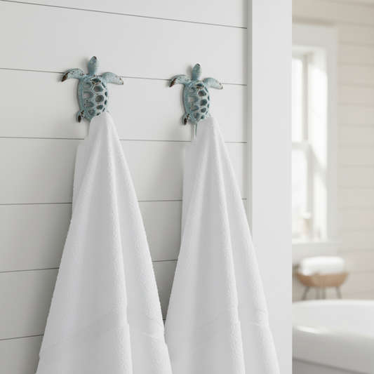 Two Turtle Hooks in Bathroom