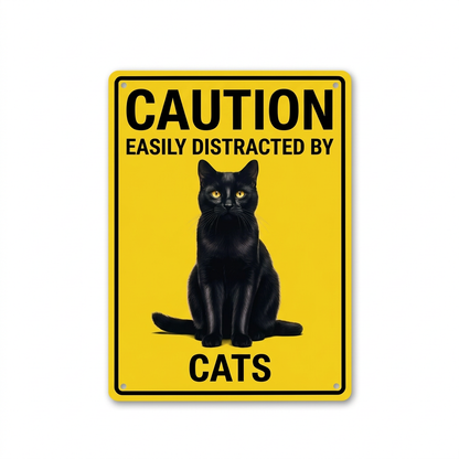 Upright yellow Cats caution sign on a plain white background