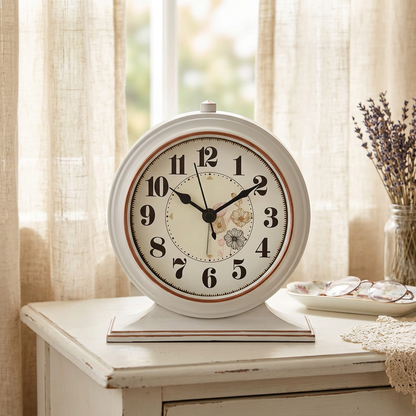 Vintage floral clock on a bedroom dresser