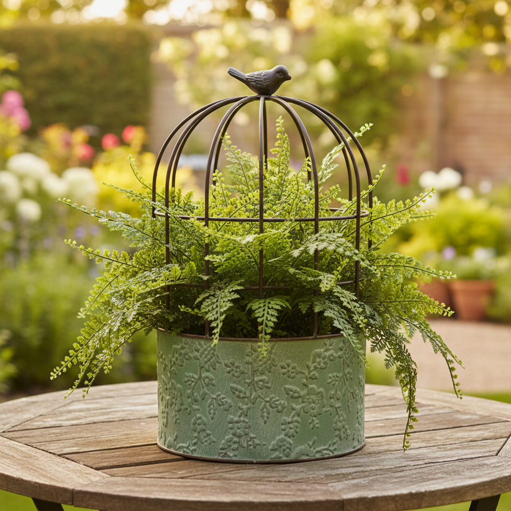 Vintage Green birdcage planter with a fern
