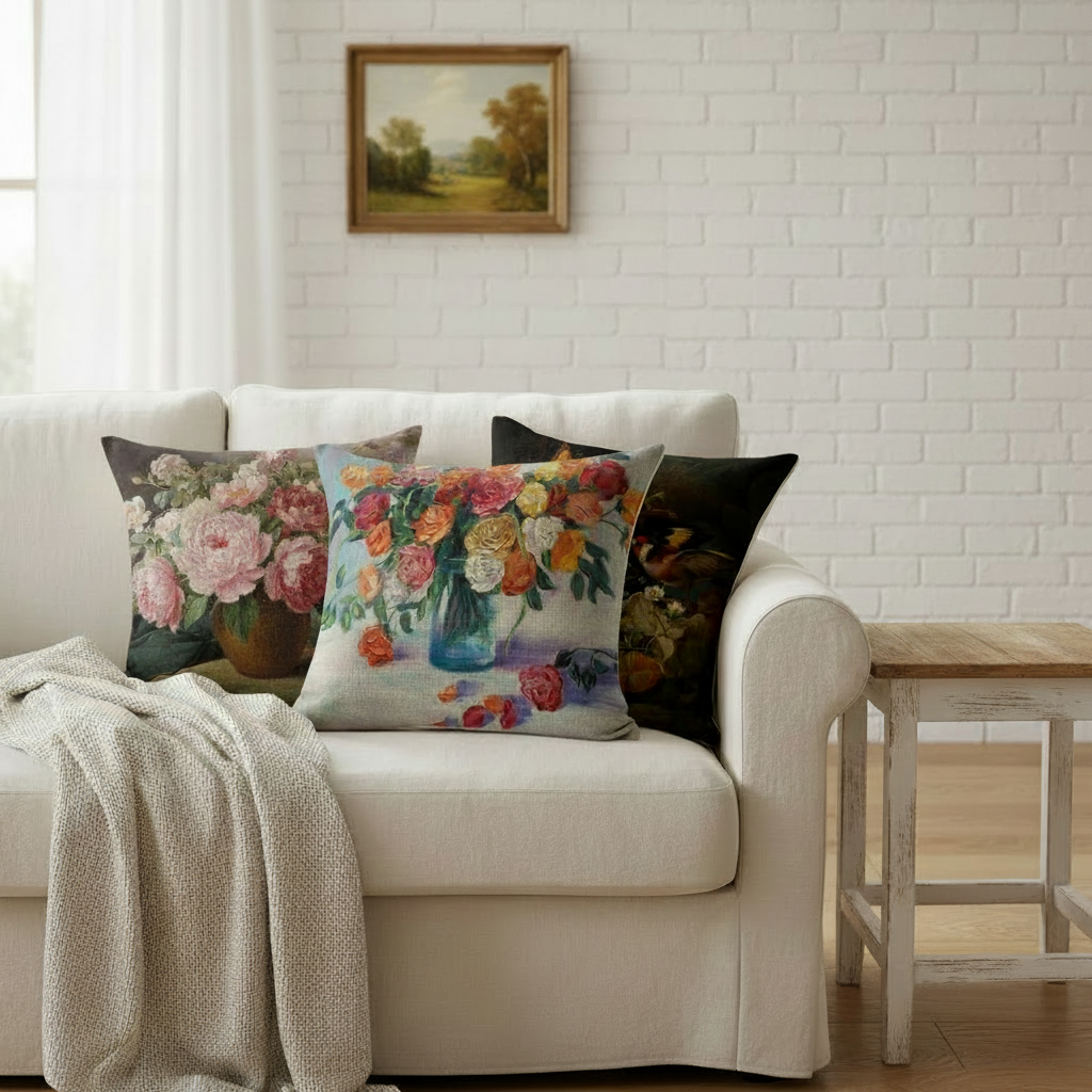 Vintage Oil Painting Cushion Covers — French country sofa lifestyle