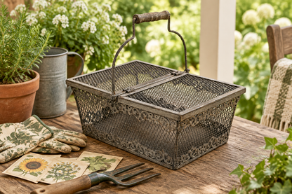 Vintage wire garden basket beside gardening supplies