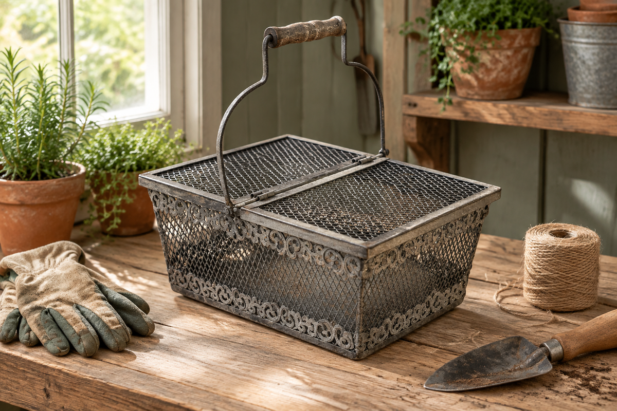 Vintage wire garden basket on a potting bench