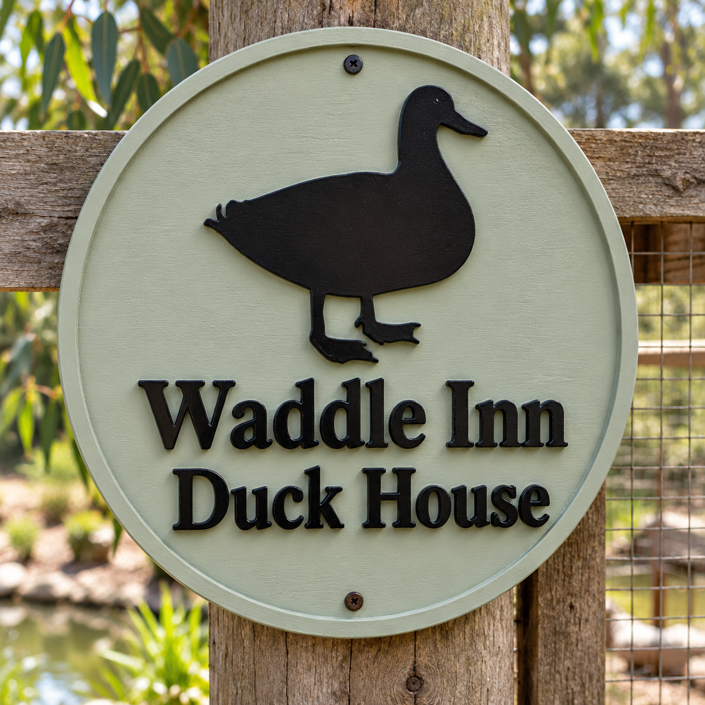 Waddle Inn Duck House round sign with black raised lettering and a matching raised border
