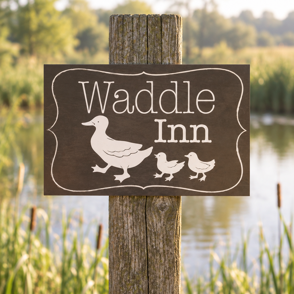 Waddle Inn duck sign on a timber post beside a duck pond