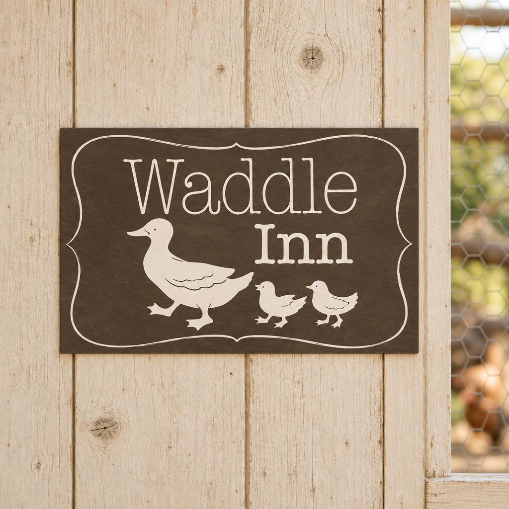 Waddle Inn duck sign on the timber wall of a duck coop