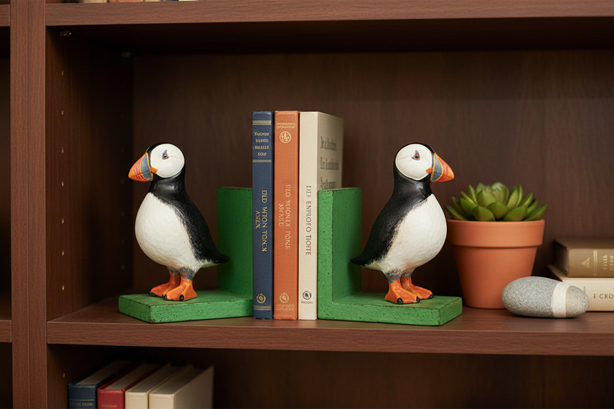Walnut Bookshelf - Puffin Bookends
