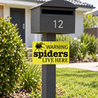 Warning Spiders sign attached to a letterbox post at the front of an Australian home