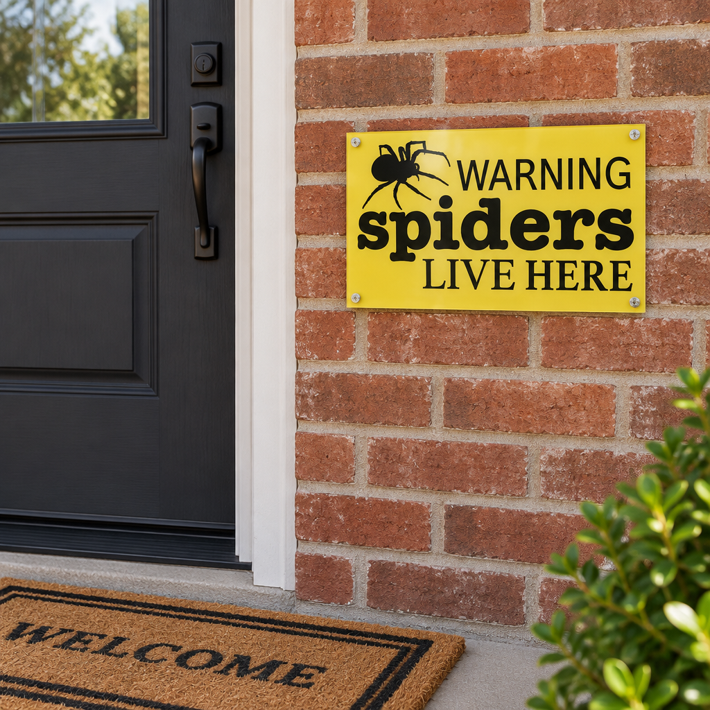 Warning Spiders sign mounted beside a front door on a brick wall