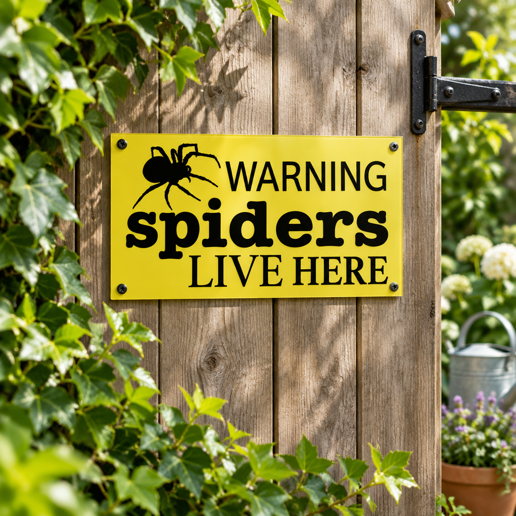 Warning Spiders sign mounted on a garden shed door with greenery