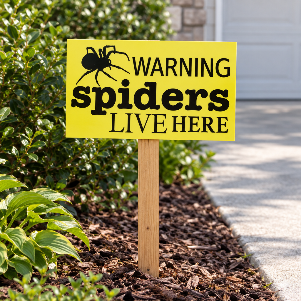 Warning Spiders sign mounted on a stake near a driveway or garden bed