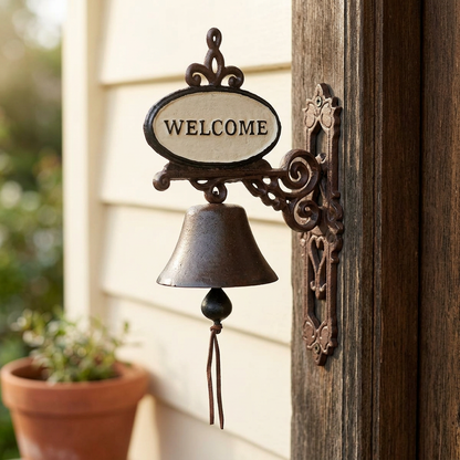 Welcome cast iron doorbell at a cottage doorway