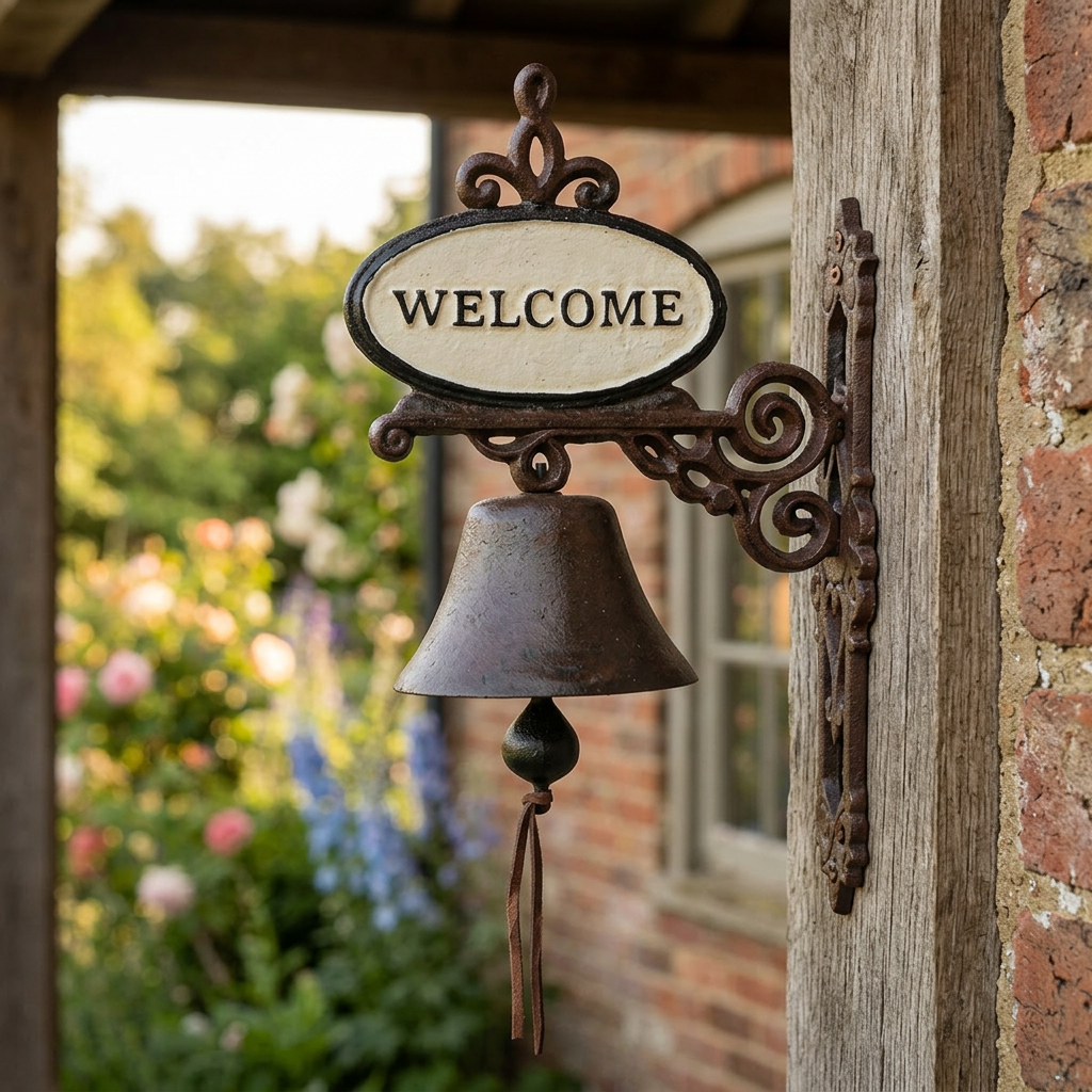 Welcome cast iron doorbell on a farmhouse verandah