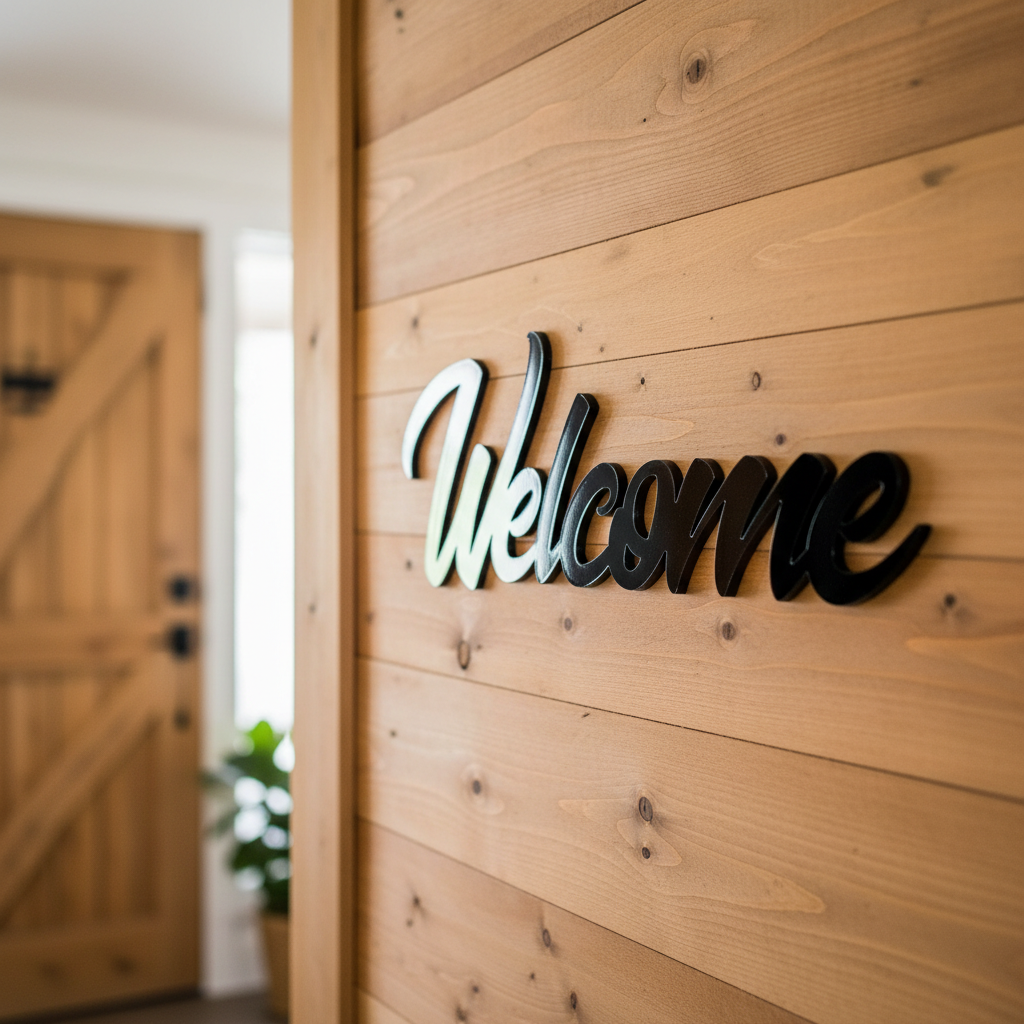 Welcome Sign Black on Timber Wall Farmhouse