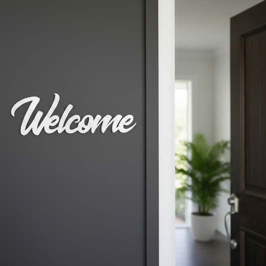 Welcome Sign White on Dark Charcoal Wall