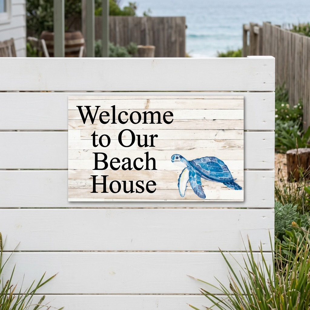 Welcome to Our Beach House turtle sign on a coastal gate