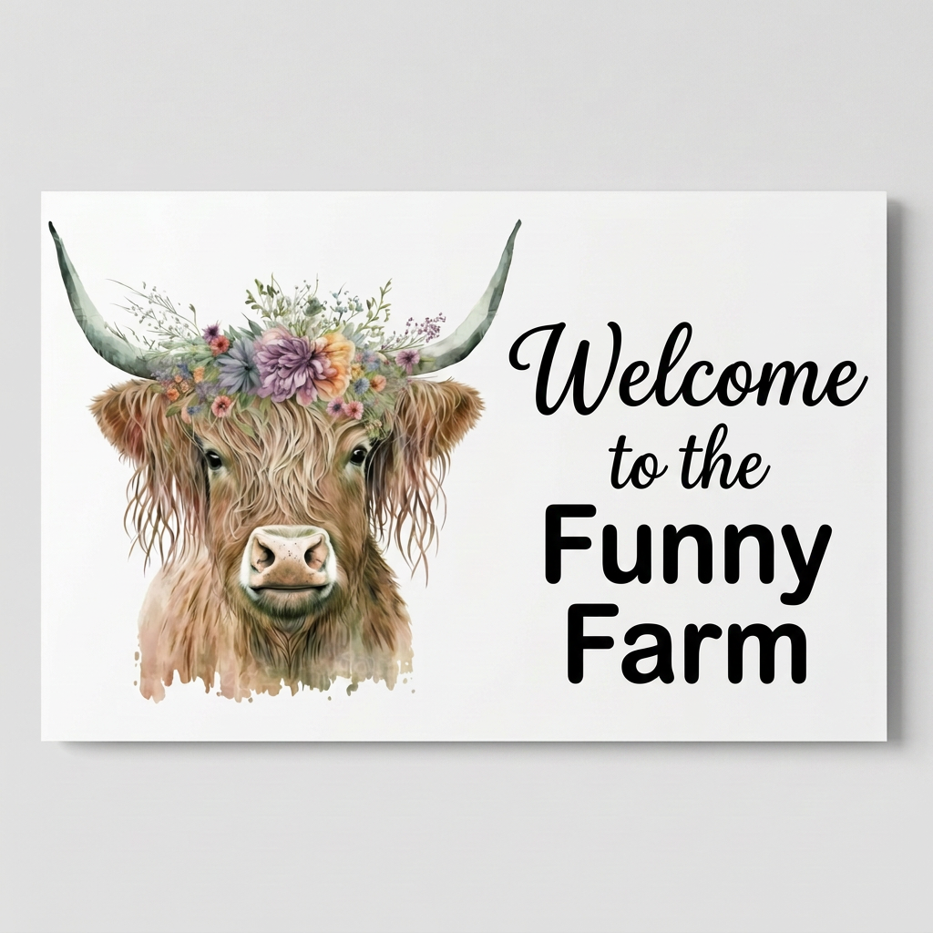 Welcome to the Funny Farm white floral Highland cow sign