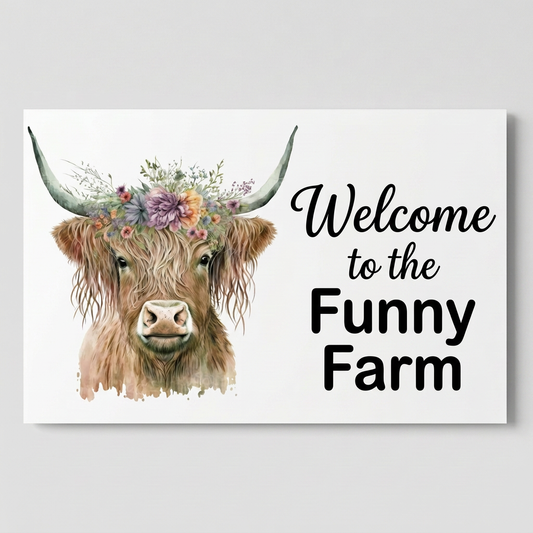 Welcome to the Funny Farm white floral Highland cow sign