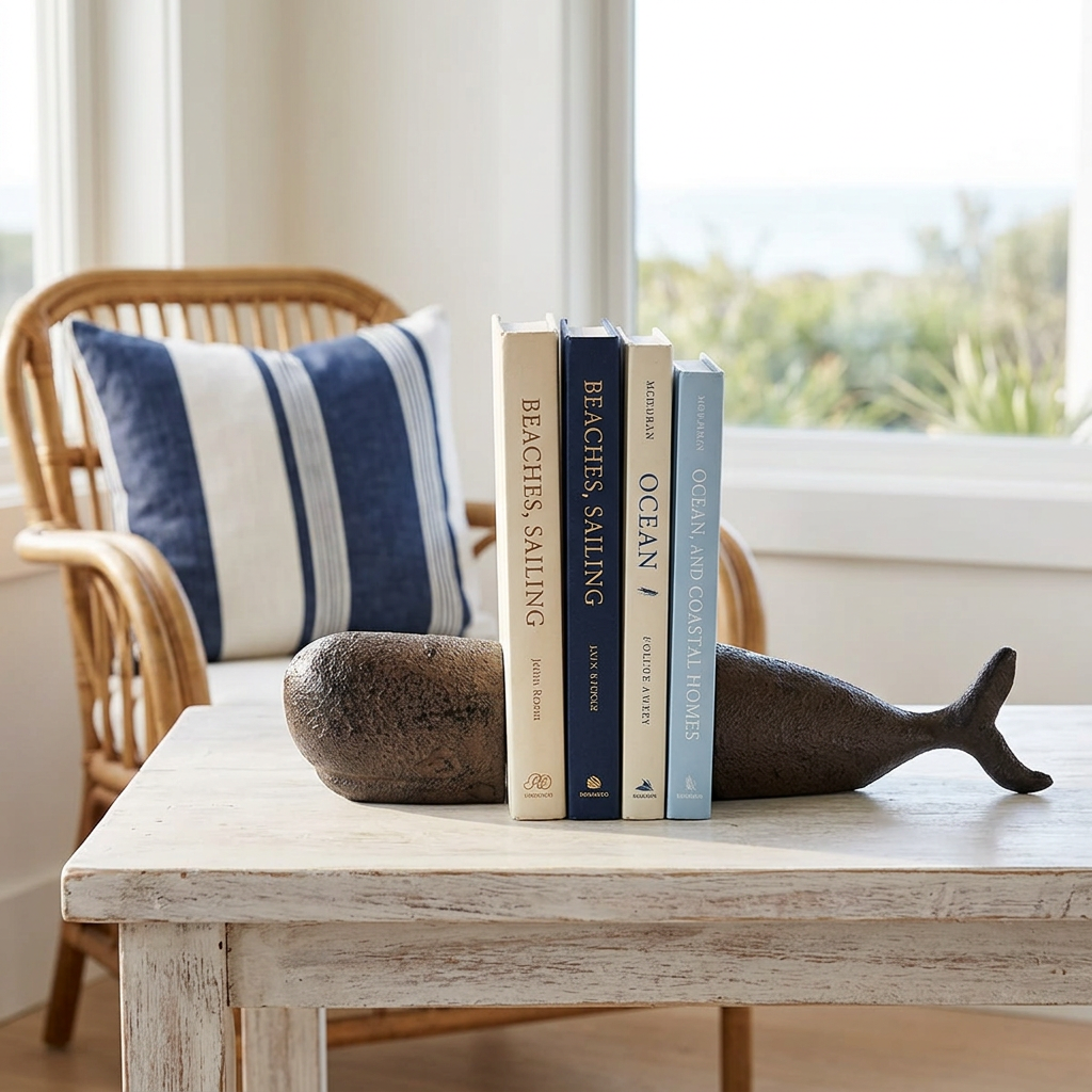 Whale bookends with coastal books in a relaxed Hamptons beach house
