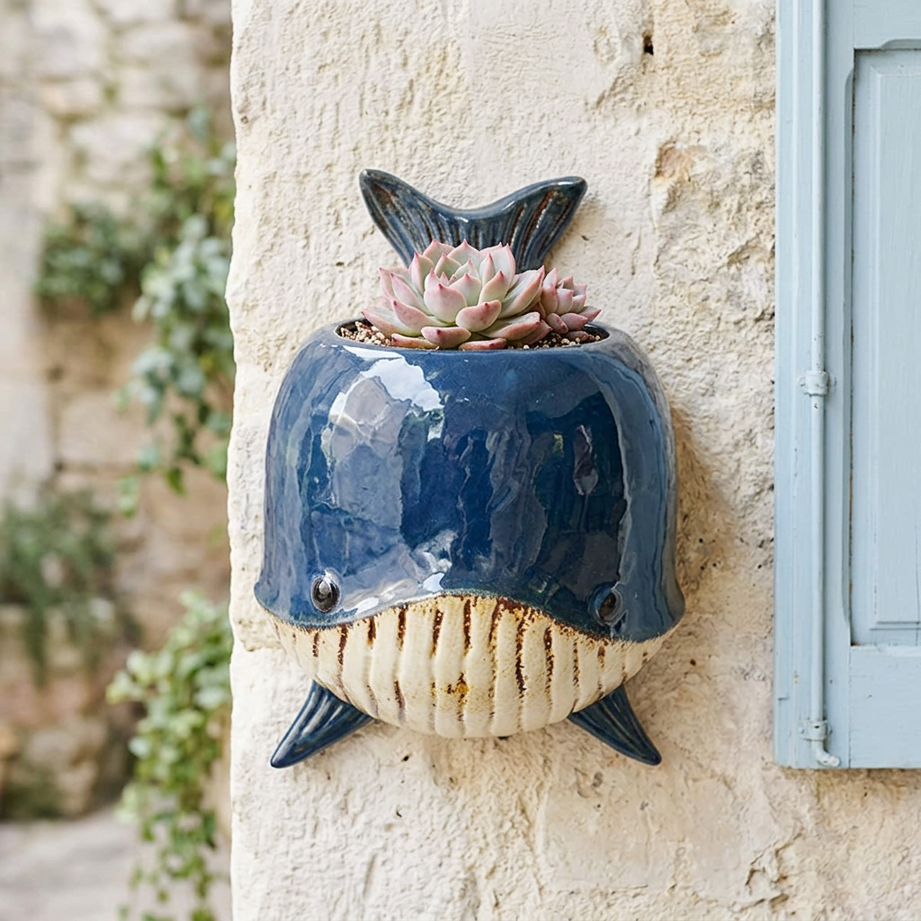 Whale wall planter with a succulent on a sheltered courtyard wall