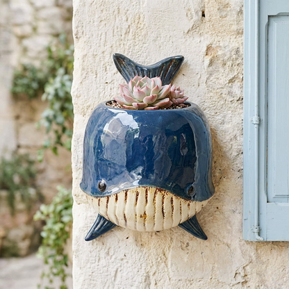Whale wall planter with a succulent on a sheltered courtyard wall