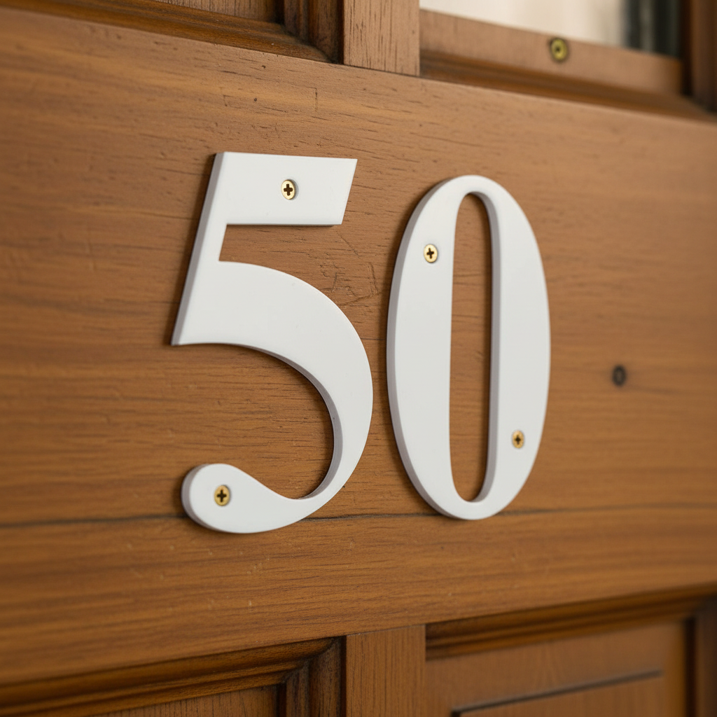 White acrylic house numbers on timber door