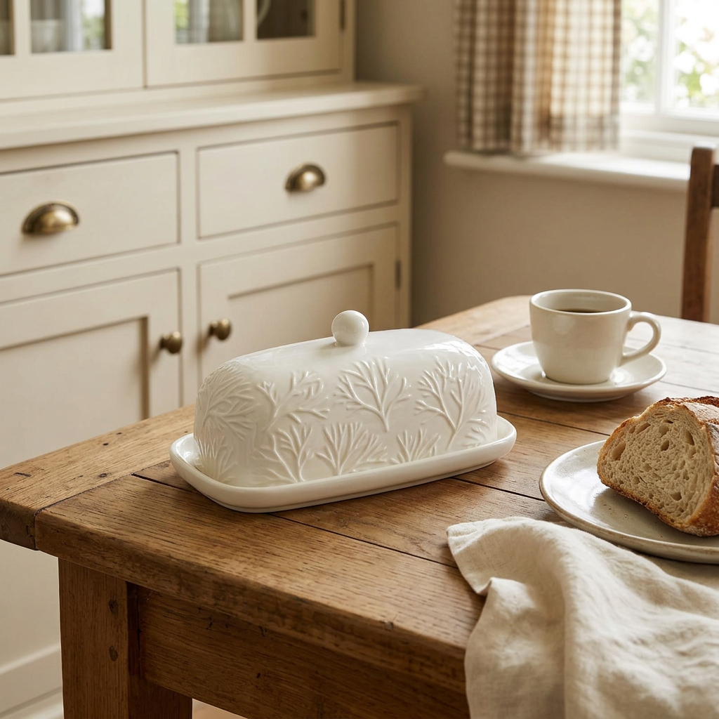 White botanical butter dish on a French-country breakfast table