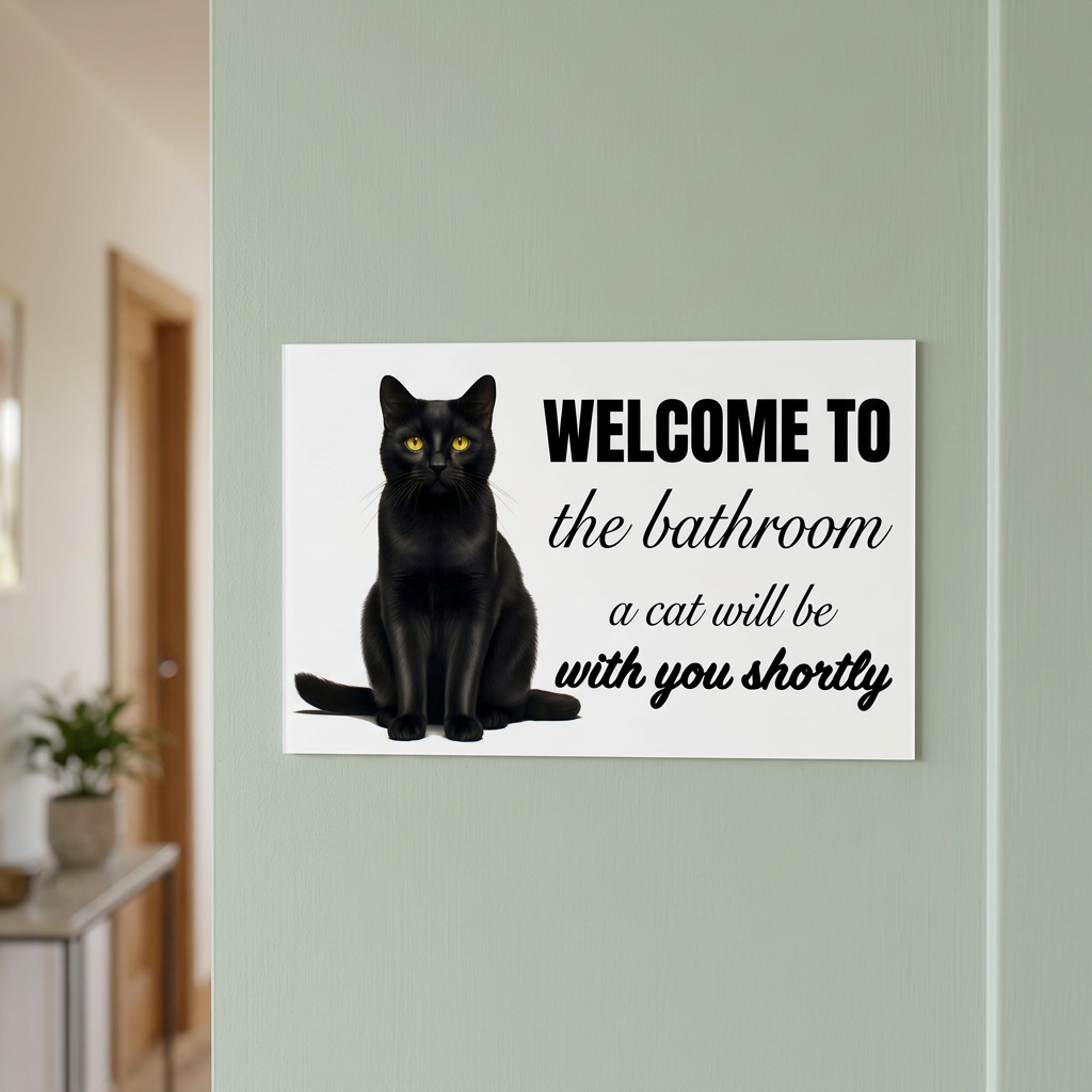 White cat bathroom sign on a sage guest bathroom door