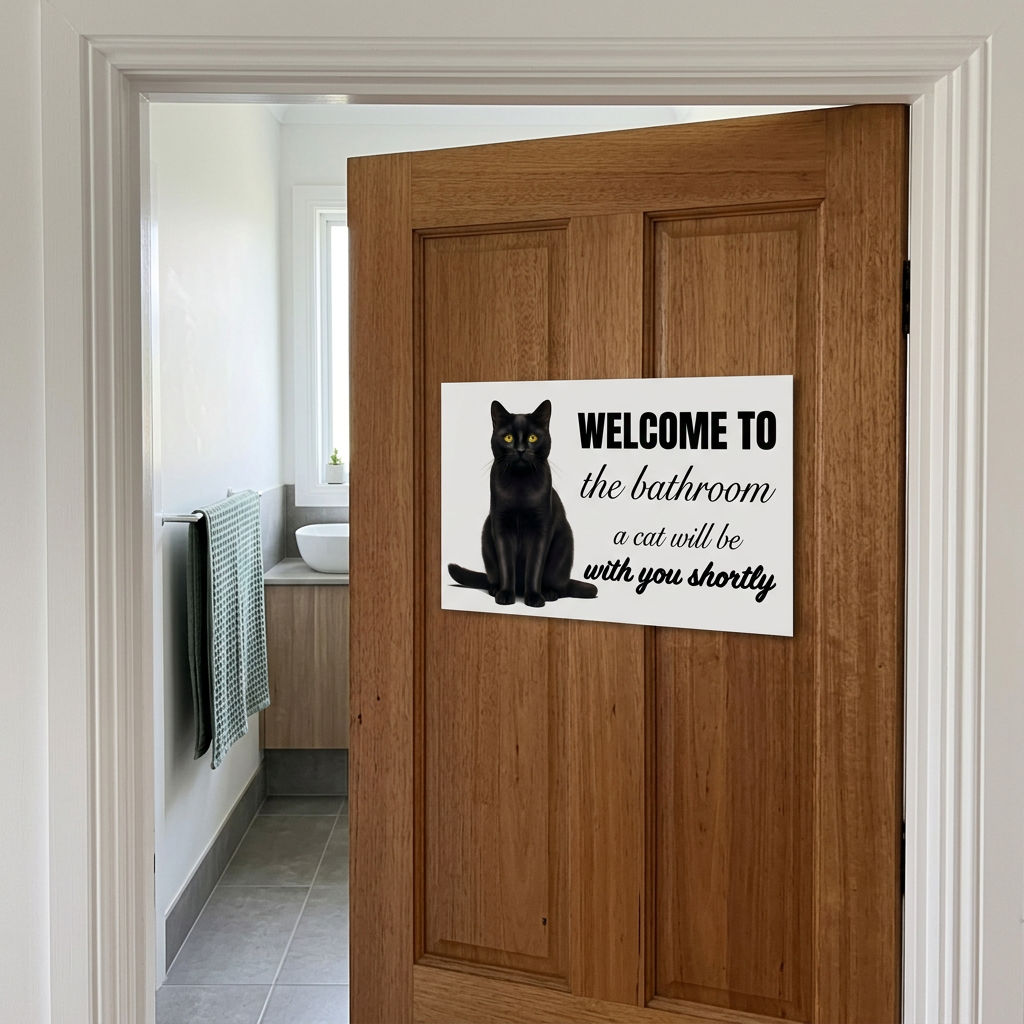 White cat bathroom sign on a timber door
