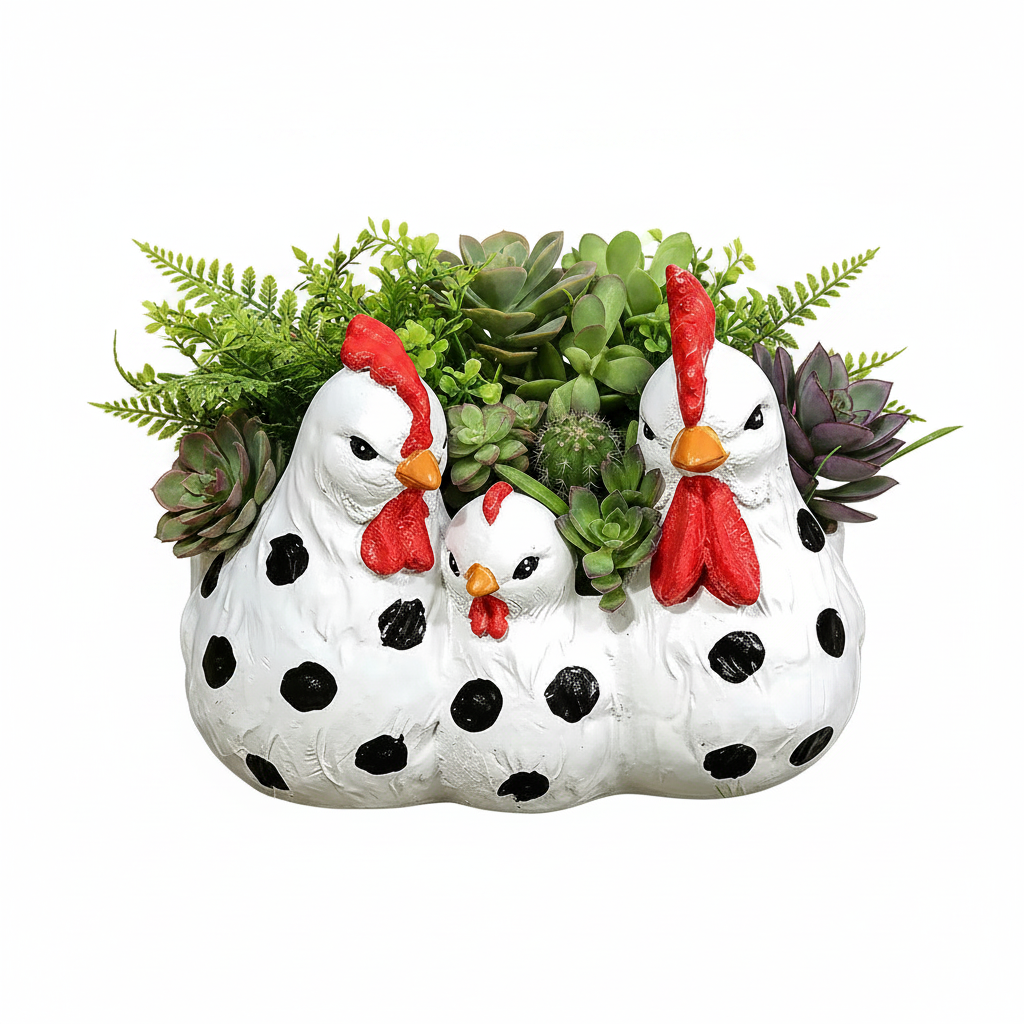 White Chicken Planter with Plants