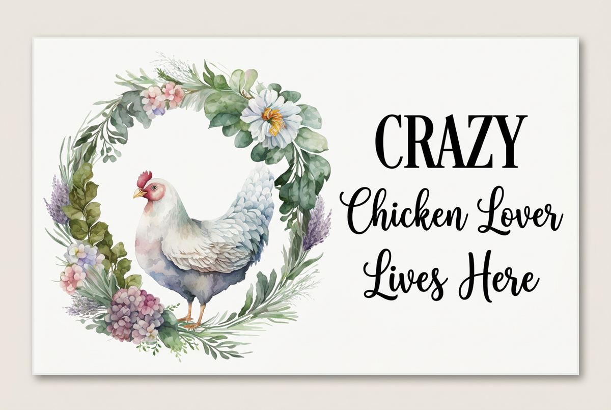 White Crazy Chicken Lover Lives Here sign with floral hen artwork