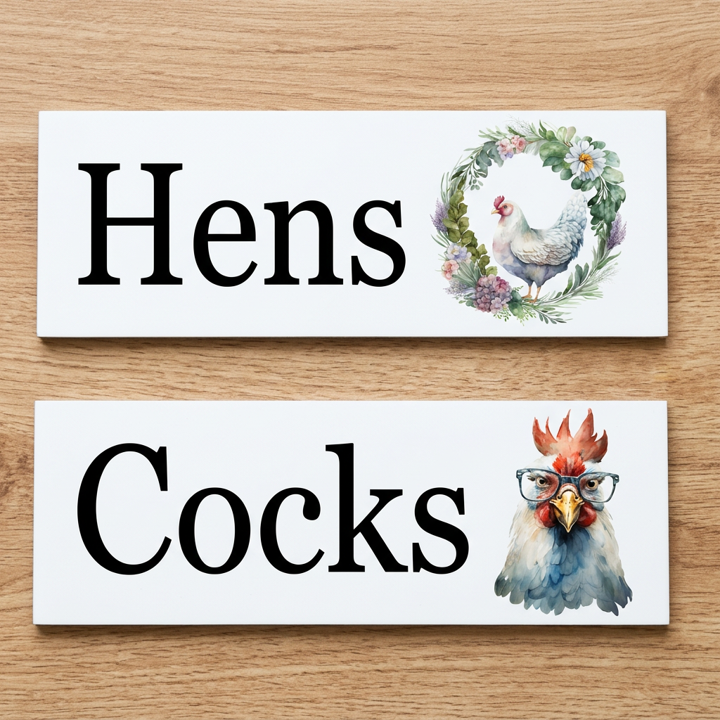White Hens and Cocks signs on a natural timber backdrop