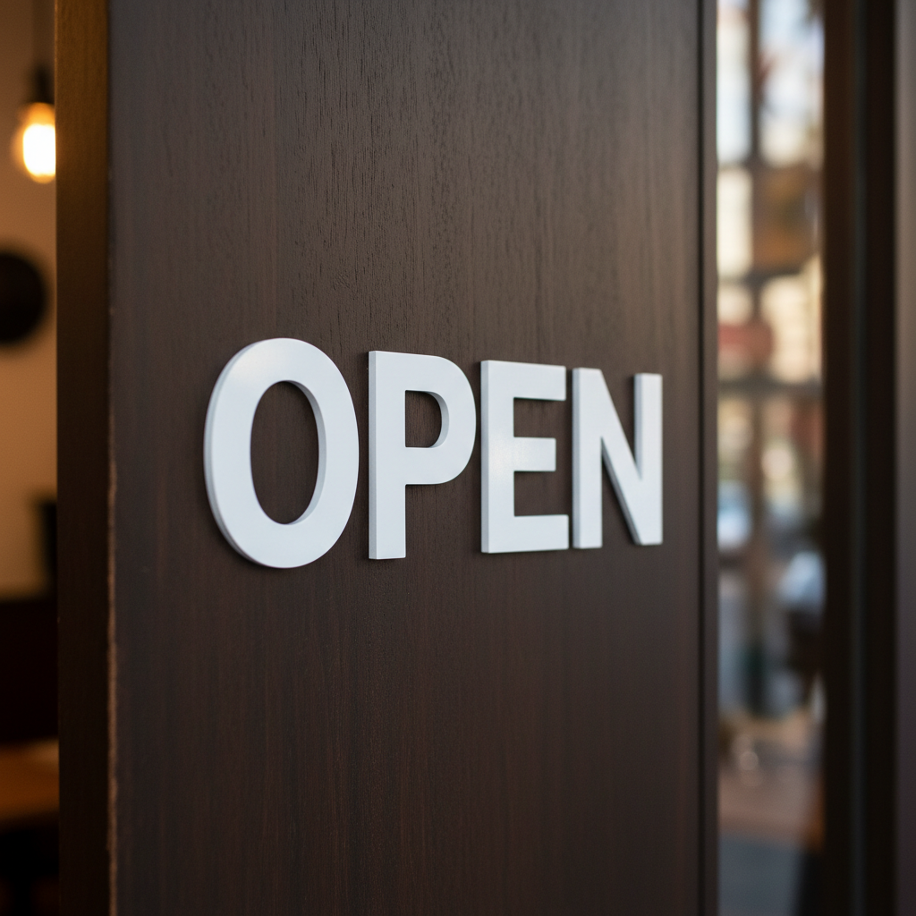 White OPEN on cafe door