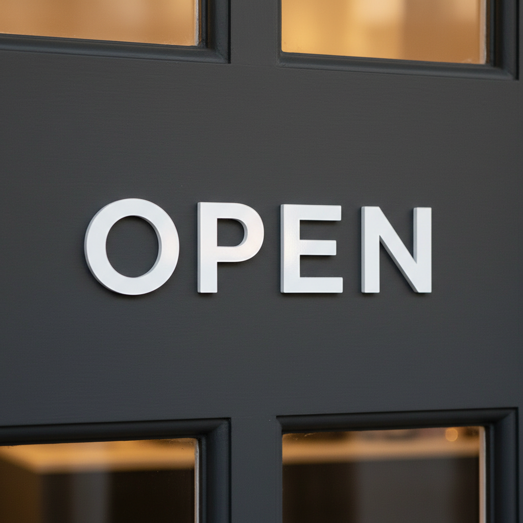 White OPEN on shopfront door