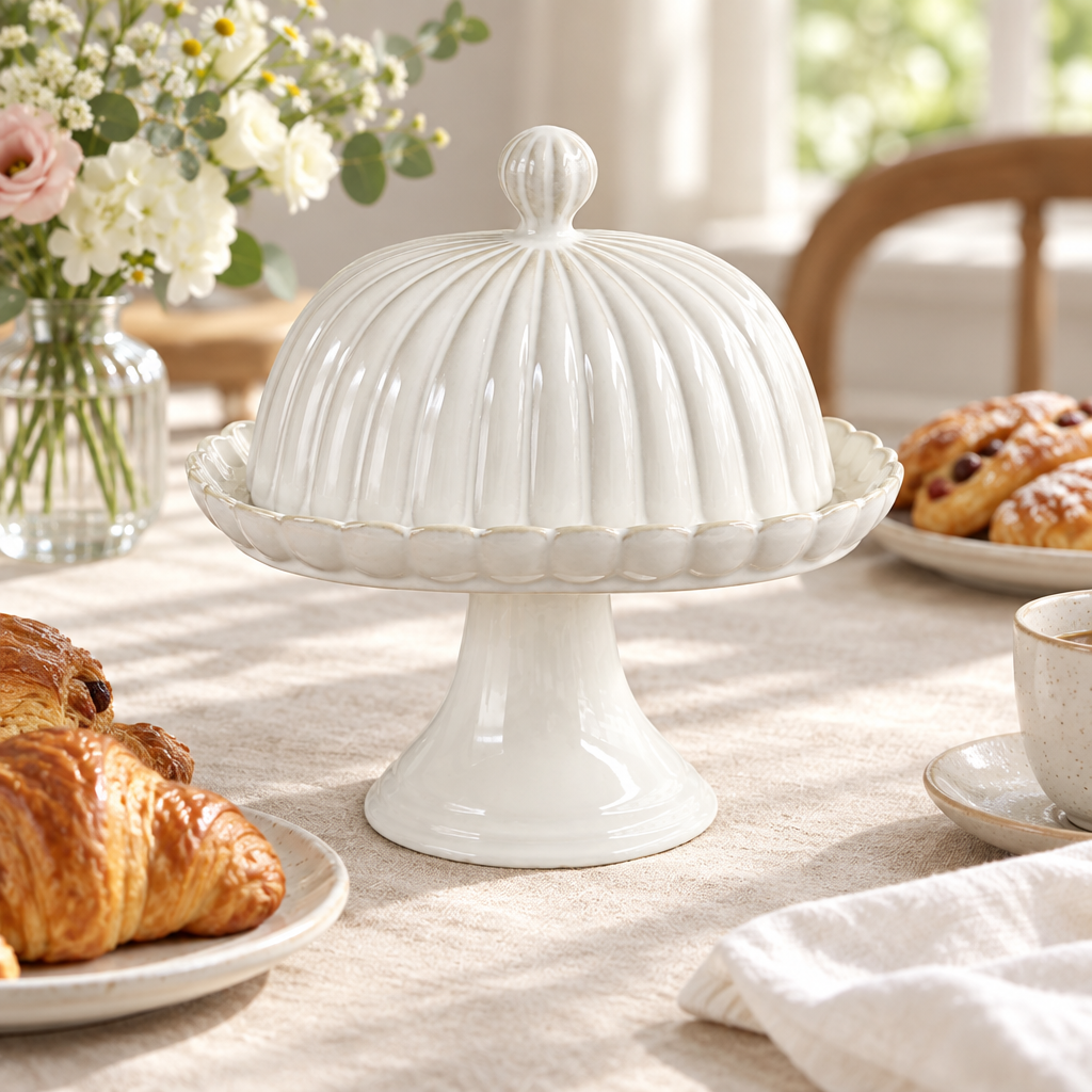 White pedestal butter dish on a brunch table